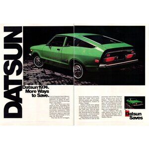 1974 Datsun B-210 Fastback Hatchback 2 page Vintage Print Ad Sports Car Wall Art